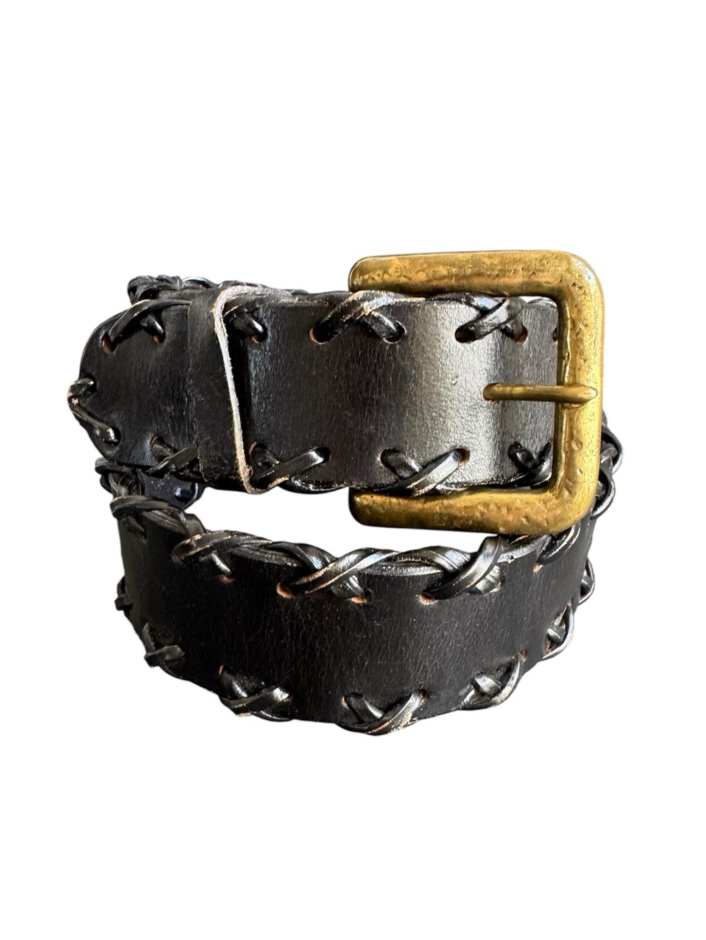 Y2K Black Leather Belt Wide Whipstitch Chunky Brass Buckle Vintage Large